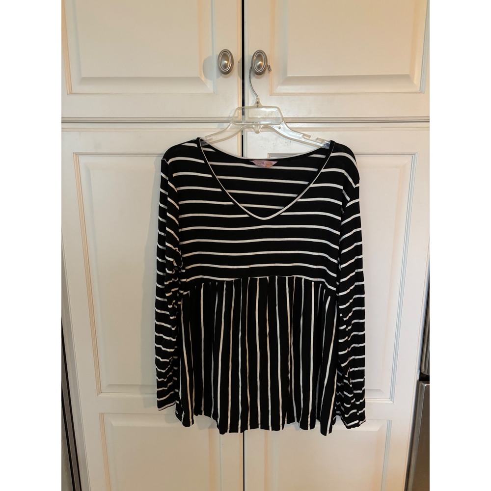 SJS Womens 2X Black White Striped Babydoll Top V-Neck Long Sleeve Peplum Shirt